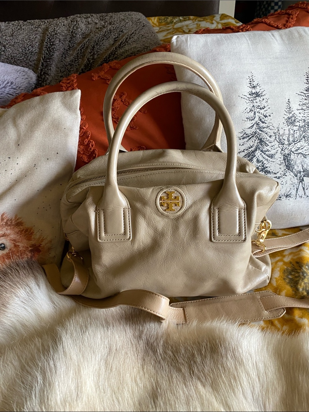Tory Burch Beige Leather Satchel with Gold Logo